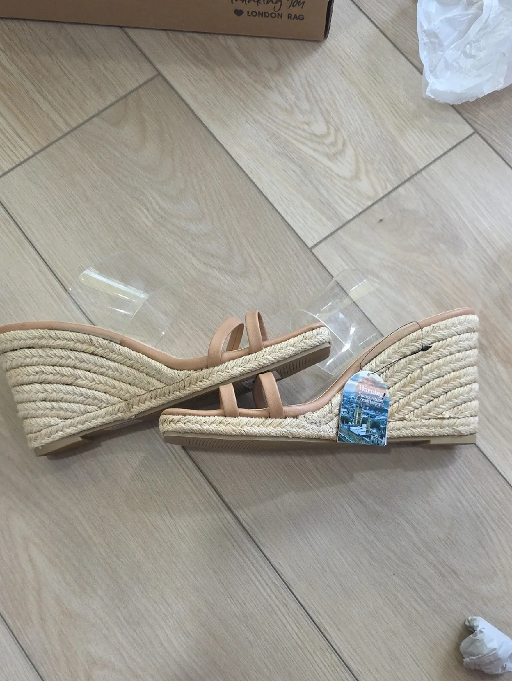 London Rag Clear Strap Espadrille Tan Wedge Sandal